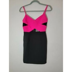 Lucky Paris Womens Black Pink V Neck Spaghetti Strap Casual Mini Dress S…